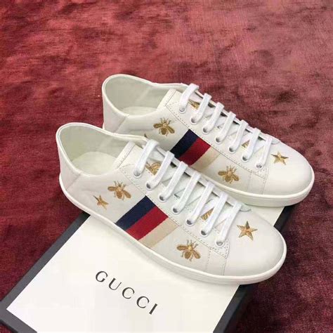 Gucci White Star And Bee Embroidered Leather 